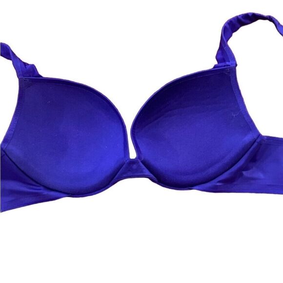 VICTORIAS SECRET- Plunge Satin Midnight Blue W/ Rhinestones Padded Bra, Size 34D - Picture 8 of 12